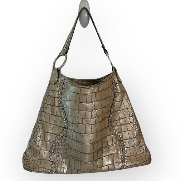 Raviani Croc Embossed Leather Cream w/Silver Swarovski Crystals - Picture 2 of 16